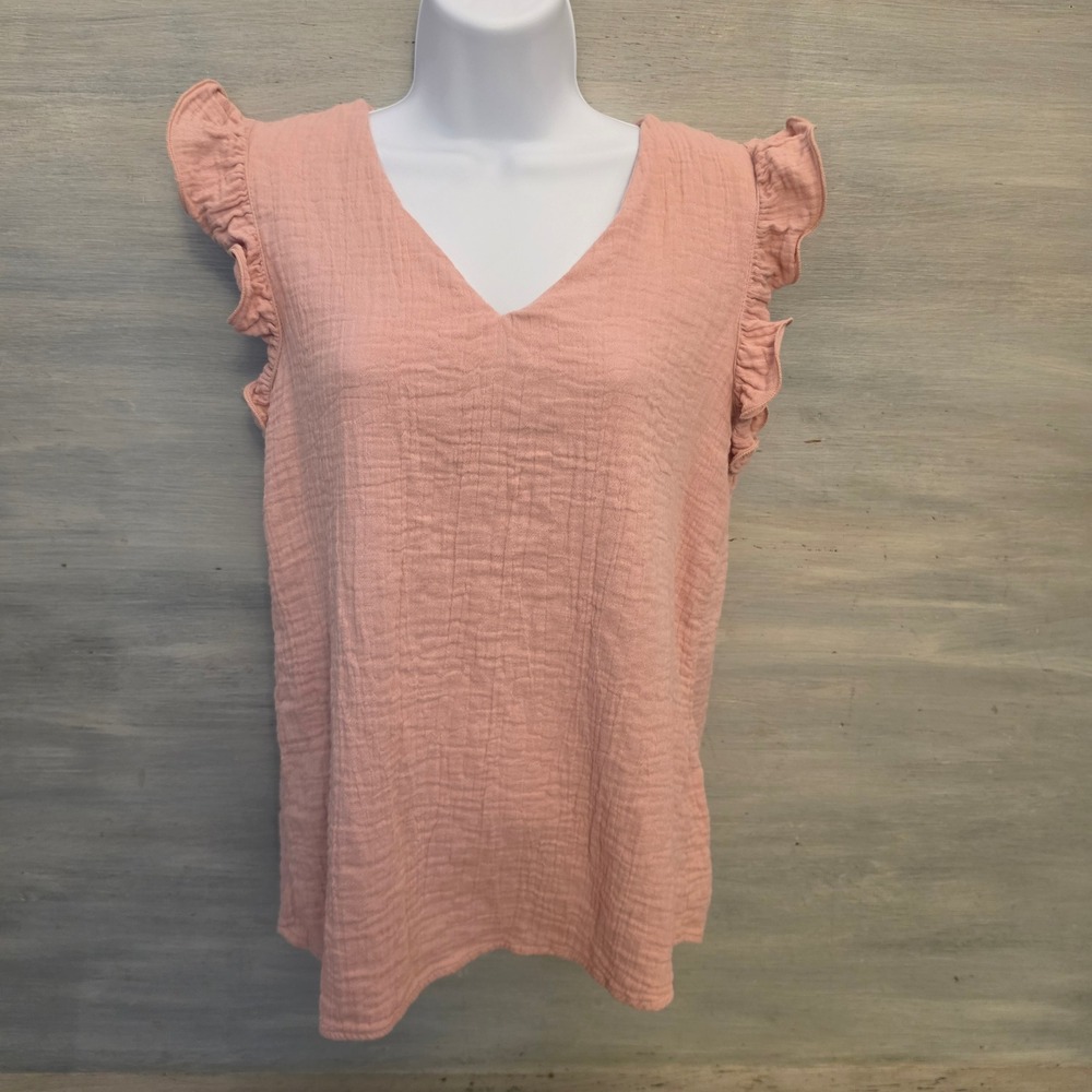 Dokotoo 100% Cotton Blush Pink Muslin Ruffle Cap Sleeve Vneck Blouse Small GC
